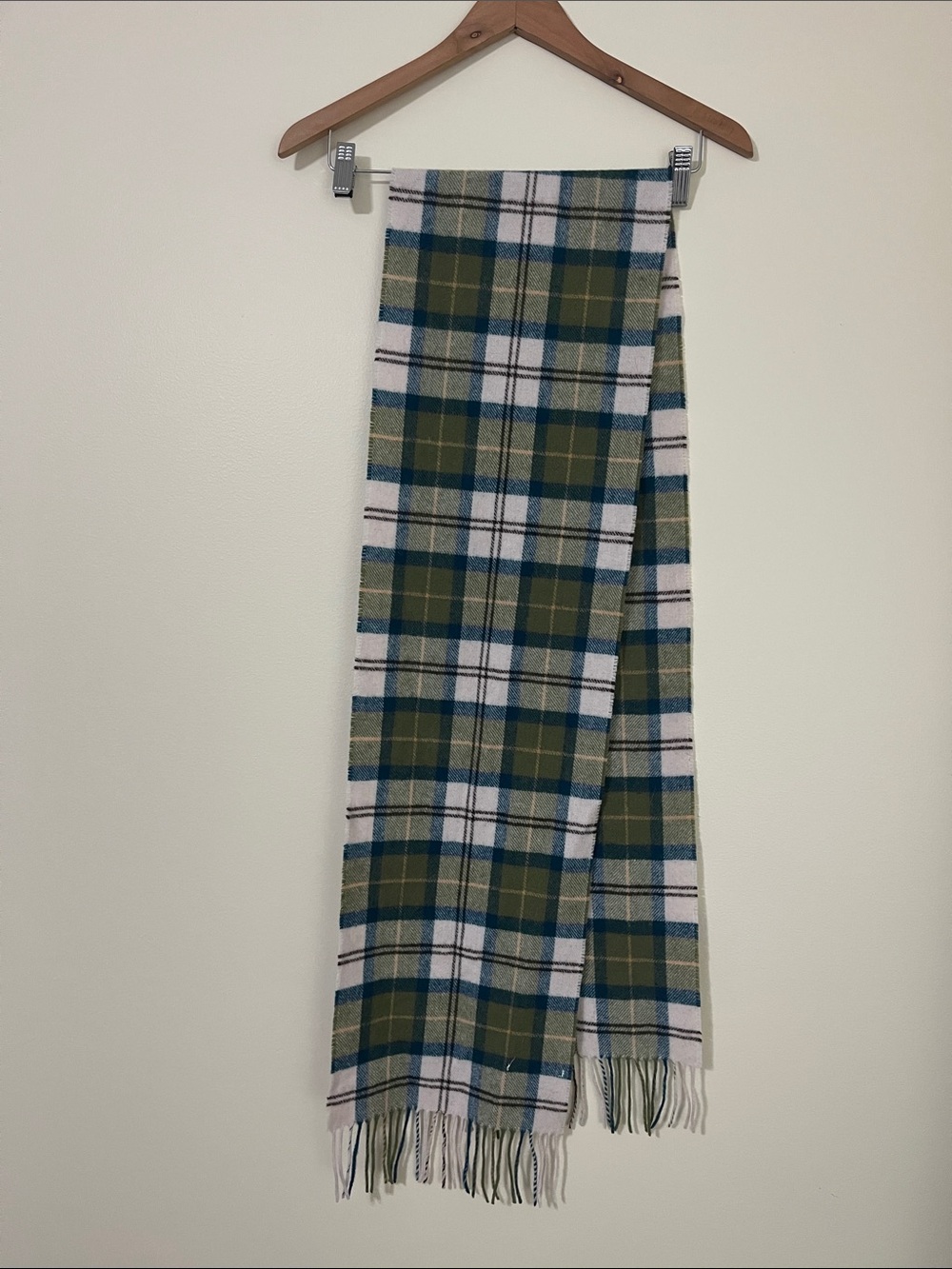 Barbour Tartan LambsWool Olive and Blue Plaid Scarf - Picture 5 of 5